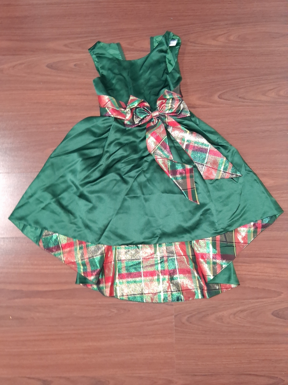 Rare Editions Green Satin Dress with Red & Gold Plaid Bow